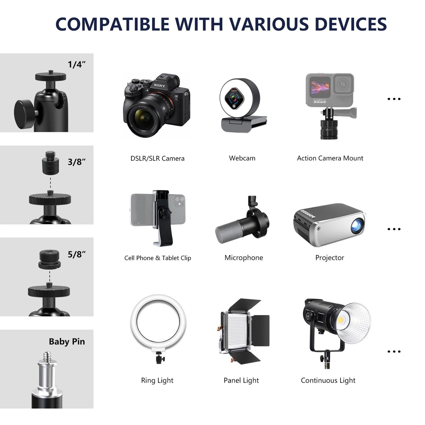 【All Metal】RAUBAY Desktop Magic Arm, Overhead Camera Desk Mount, Table Light Stand with 1/4“ Ball Head, 3/8" & 5/8" Adapter, C Clamp, Retractable Boom Arm for DSLR, Webcam, Microphone, Projector DMA01