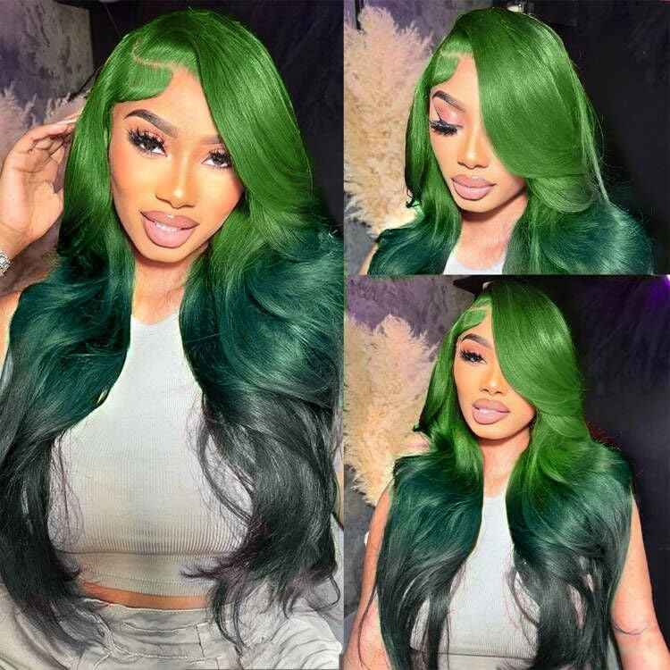 GGEDUO Green Ombre Lace Front Wig Human Hair Body Wave 13x4 HD Glueless Lace Front Wigs 3 Tone Light Green to Dark Green Colored for Fashion Women 180% Density 24 Inch