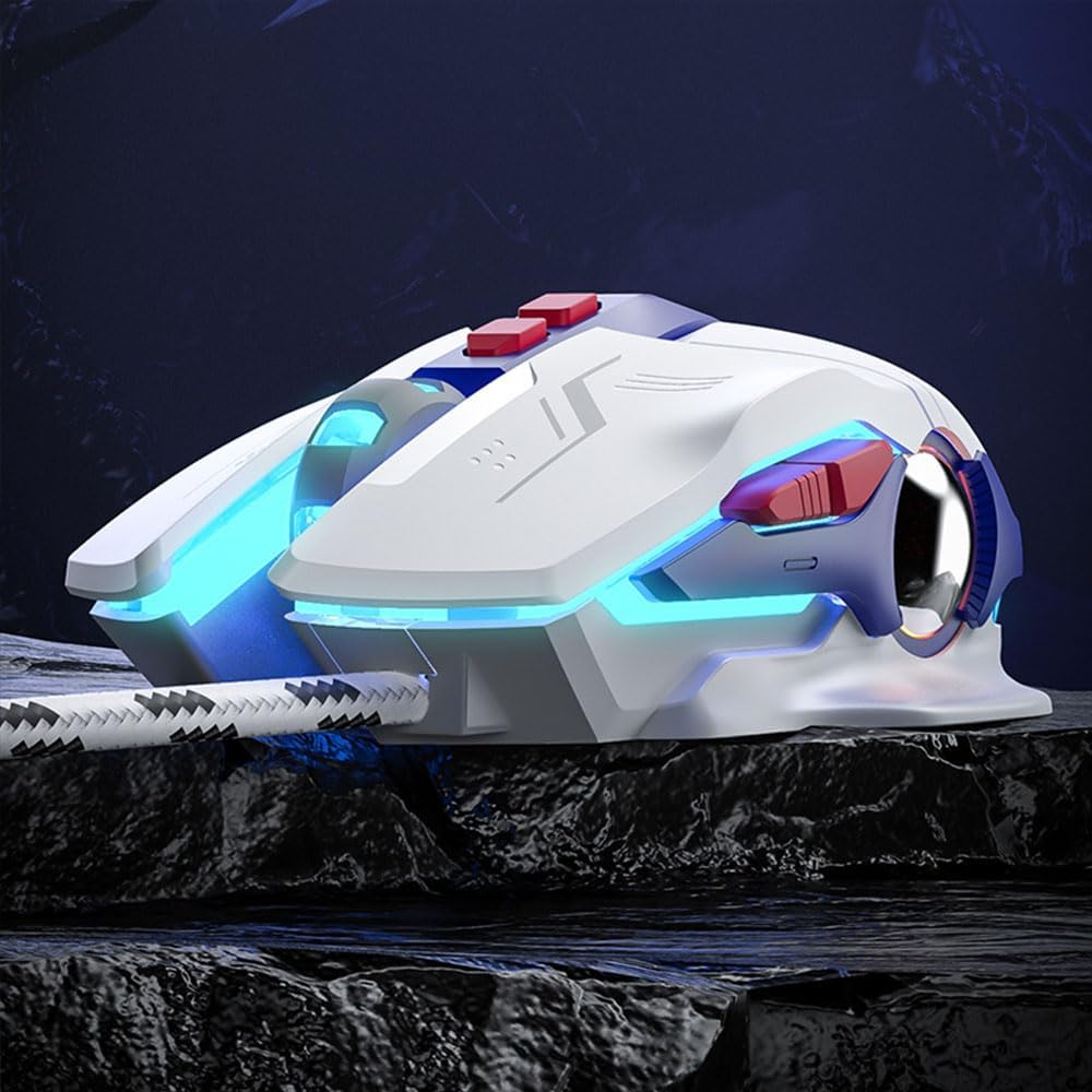 Aimery Wired Gaming Mouse Computer mice Mechanical Breathing Colorful Light with Sound 7 Keys USB Braided Rope 4 Speed DPI Ergonomics PC Laptop Mecha White