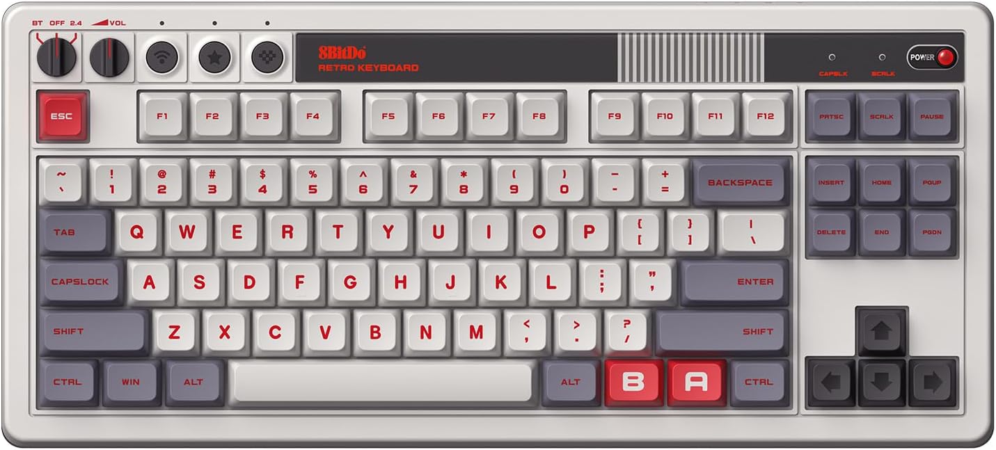 8BitDo Retro Mechanical Keyboard, Bluetooth/2.4G/USB-C Hot Swappable Gaming Keyboard with 87 Keys, Dual Super Programmable Buttons for Windows and Android - Fami Edition
