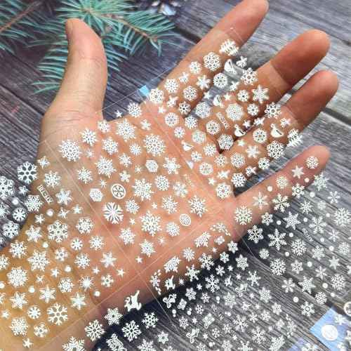 30 Sheets Christmas Snowflake Nail Stickers for Nail Art 3D Self-Adhesive Star Gift Bell Reindeer Nail Design Stickers White Nail Art Decals Winter Stickers Nail Supplies for Women Xmas Holiday DIY