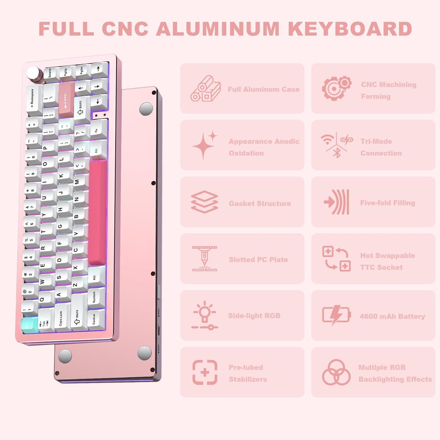 YUNZII AL66 Wireless Mechanical Keyboard for Win/Mac(Milk Switch, Pink), Spring Tea Dye Sub PBT Keycaps(Cherry Profile, Spring Tea)