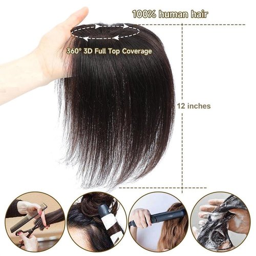 Uniferry Hair Toppers for Women Real Human Hair 12inch 13x14cm(5.1x5.5inch) Swiss Base 360°3D With Thinning Upgrade Middle Part Clip in Wispy Bnags (Natural Black,Side)