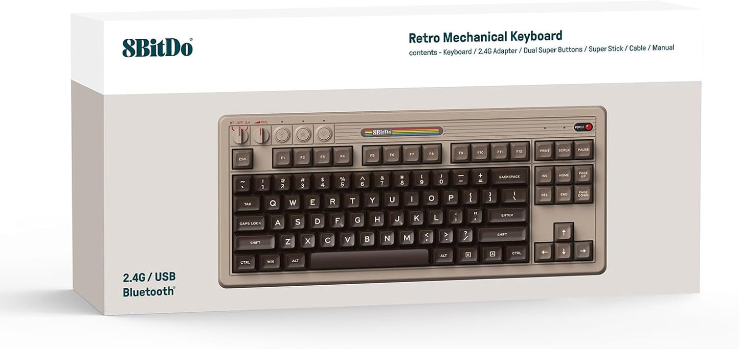 8Bitdo 87 Keys Retro Mechanical Keyboard Bluetooth/2.4G/USB-C, Hot Swappable, Dual Super Programmable Buttons, Volume knob for Windows and Android - N Edition