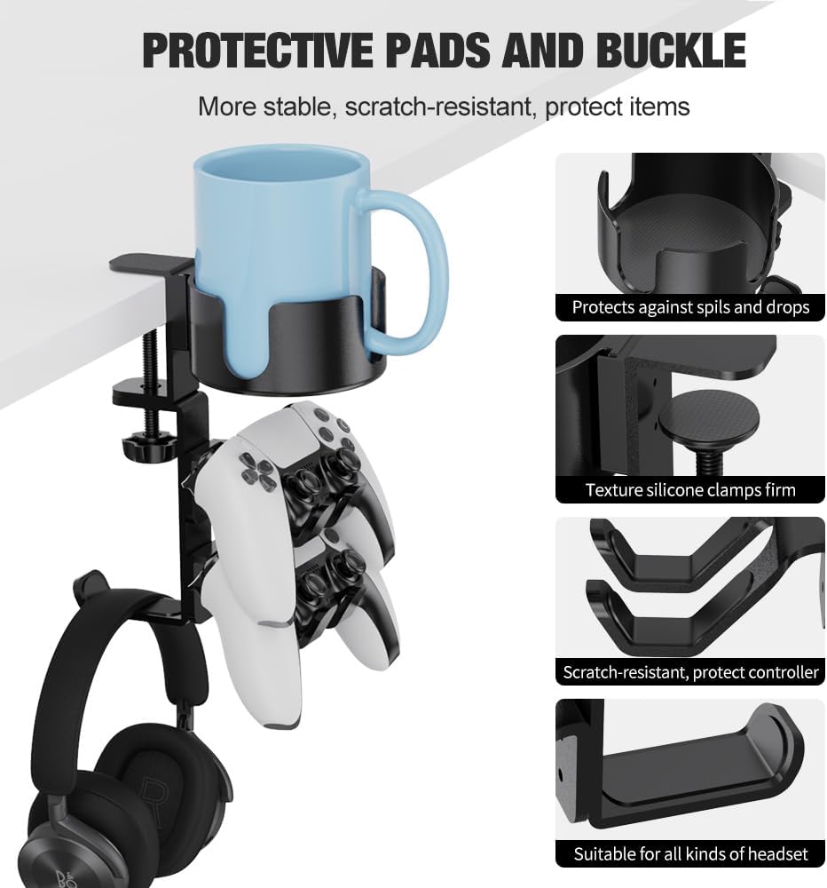 360° Rotating Controller Headphone Holder - Larger Desk Cup Holder with Adjustable Headset Hanger Controller Stand | Clamp On Desk Organizer | Gaming Desk Pc Accessories