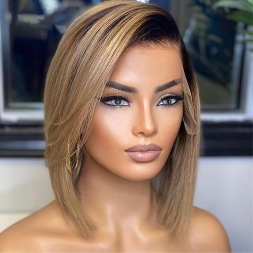 QTIKER Transparent Lace13x4 Lace Front Wig Pre-Plucked Hairline Bob Human Hair Wig (13X4 2T BOB, 14inch)