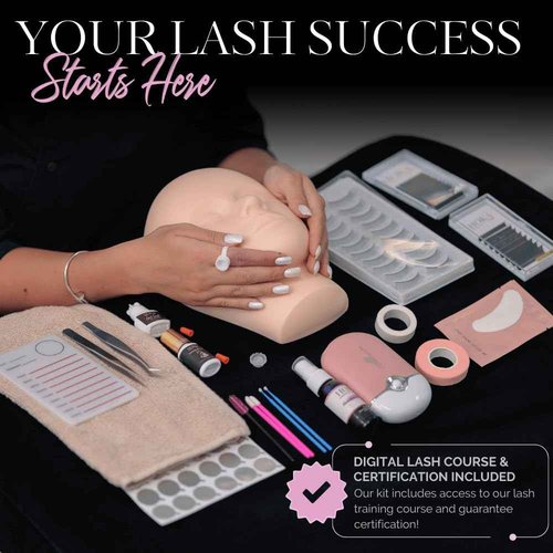 Hoka Lash Eyelash Extension Kit & Training Course and Certification, Professional Lash Extension Kit for Beginners Includes Practice Mannequin Head, Lash Trays, Glue, Tweezers, Fan & More