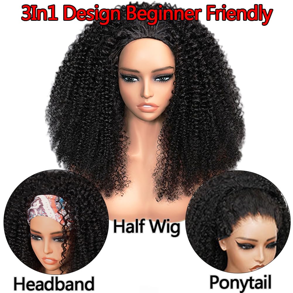 OWNROSE Half Wig Human Hair 200 Density Kinky Curly Half Wig 3 In 1 Seamless Flip Over Glueless Wigs Human Hair with Drawstring Beginner Friendly Curly Wig Headband Wig for Women Daily Wear 20 Inch