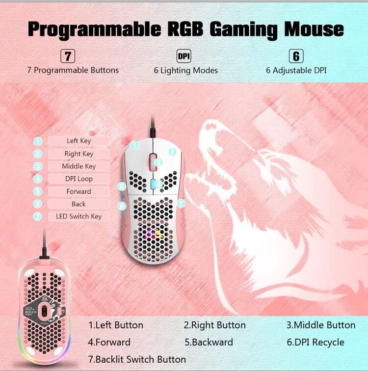 ZIYOU LANG Wired RGB Gaming Mouse,65G Lightweight Honeycomb Ultralight Mouse with High Precision Sensor 6400DPI,6 Button Programmable USB Gaming Mice,Precise Registration for PC Gamers Xbox PS4 Users
