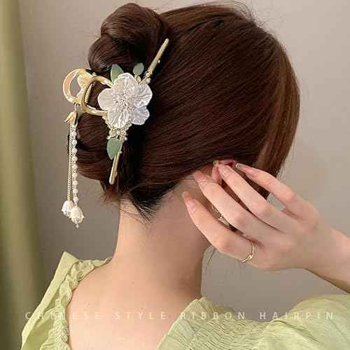 1 Pack Flower Hair Claw Clips for Women, Camellia Flower Leaf Hair Clips with Small Pearl Butterfly Tassel Design Metal Gold Strong Hold Hair Jaw Clips Grip Clip for Thick or Thin Hair Accessories