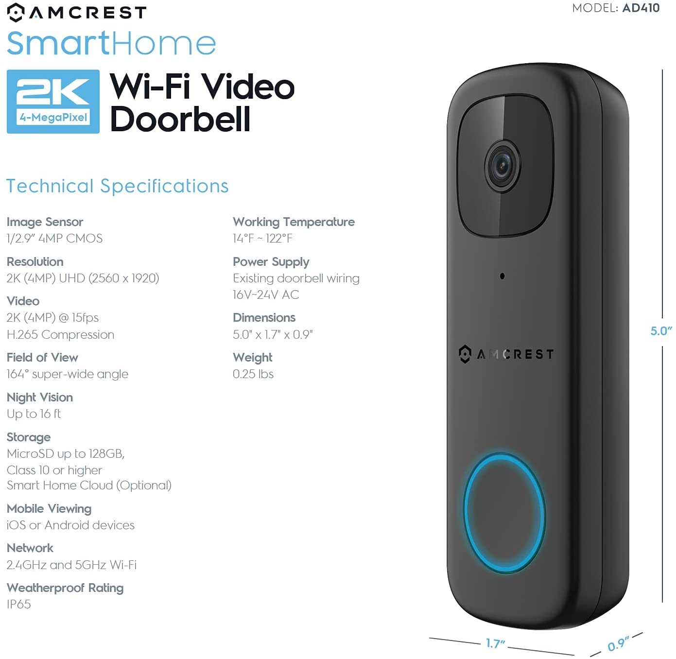 Amcrest 4MP Video Doorbell Camera Pro, Outdoor Smart Home 2.4GHz and 5GHz Wireless WiFi, Micro SD Card, AI Human Detection, IP65 Weatherproof, 2-Way Audio, 164º Wide-Angle Wi-Fi AD410