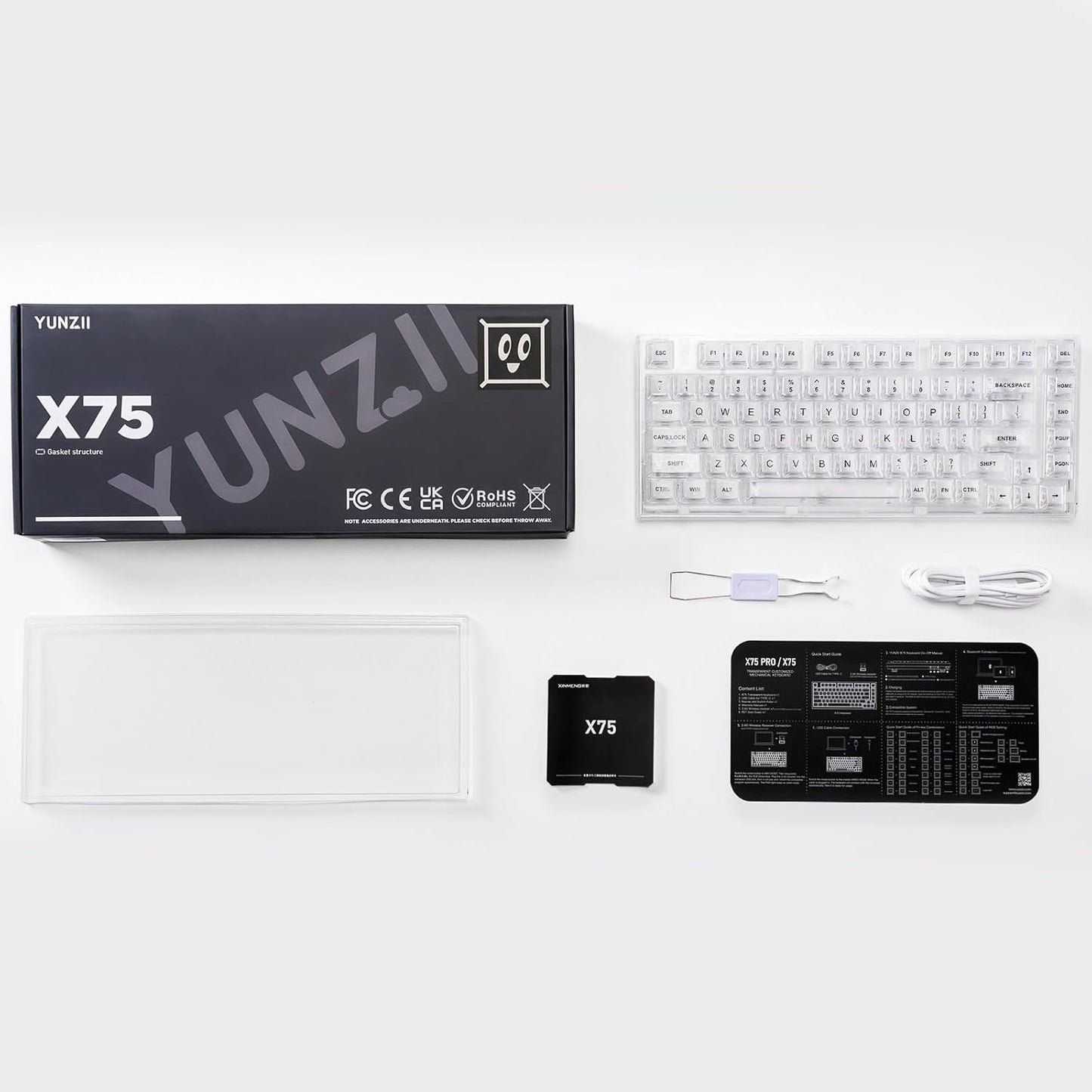 YUNZII X75 PRO 82 Key Wireless Hot Swappable Mechanical Gaming Keyboard with Transparent Keycaps,Gasket Mount,BT5.0/2.4G/USB-C for Windows/Mac(Crystal Ice Switch, Wireless-White)