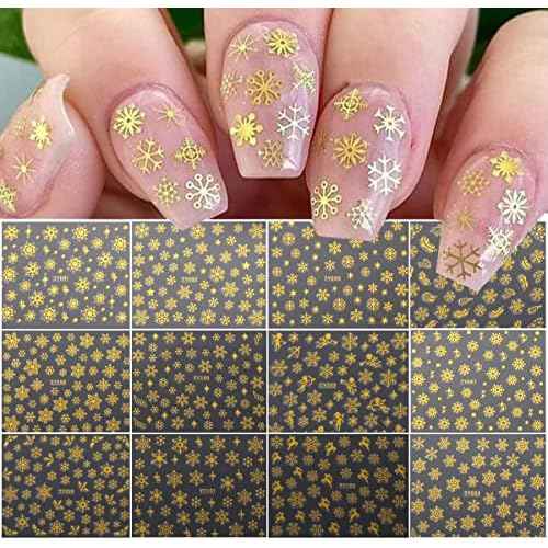 Christmas Nail Art Sticker Decals 3D Snowflake Designer Exquisite Golden Silver White Nail Art Supplies Snowflakes Luxurious Winter New Year Nails Decoration Design DIY Acrylic Nail Art,1 Large Sheets