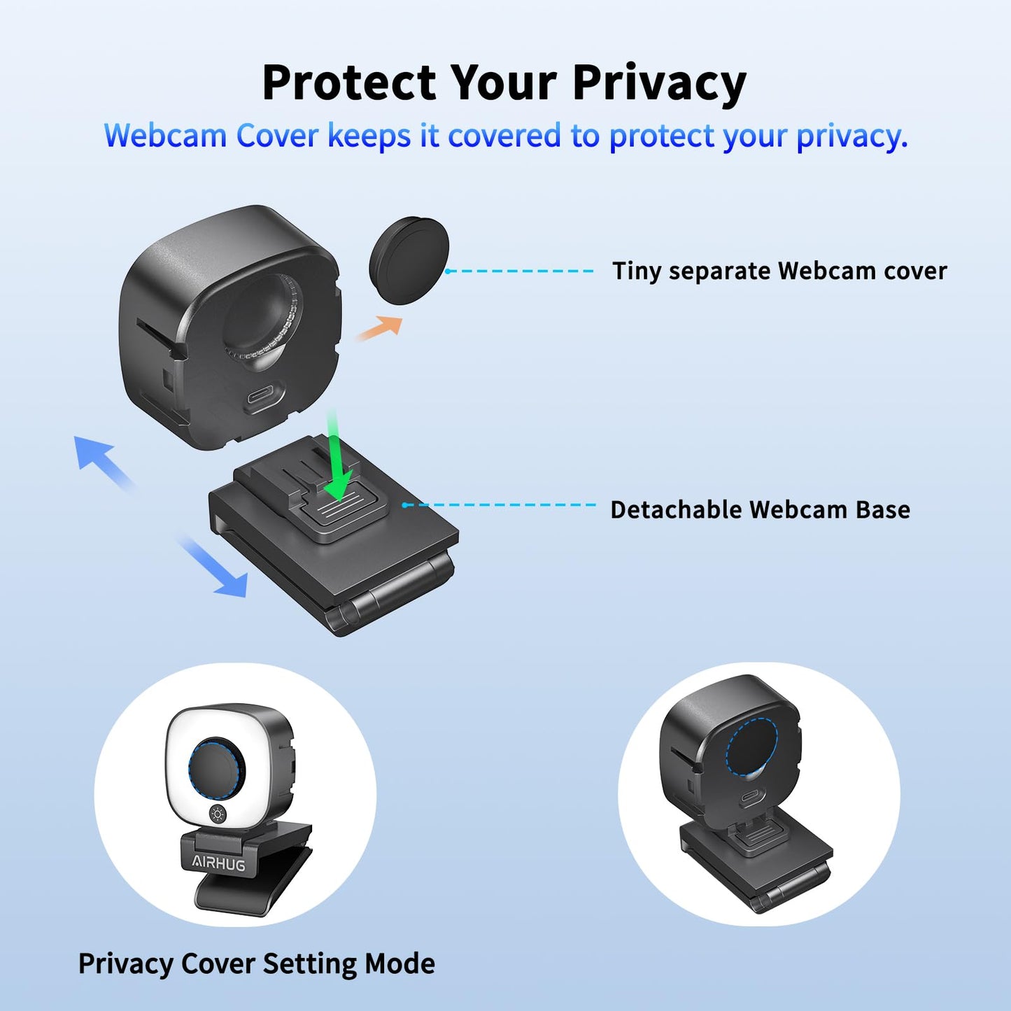 AIRHUG 4K Webcam, Webcam with Microphone, Adjustable Light Computer Camera with Privacy Cover, USB Plug and Play for Laptop Video Calling