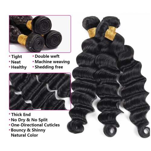 Taziza Loose Wave Human Hair Bundles with Closure(14 16 18+12 Inch,Free Part) Pre Plucked with Baby Hair 12A Unprocessed Loose Deep Wave Bundles with 4x4 Closure Human Hair