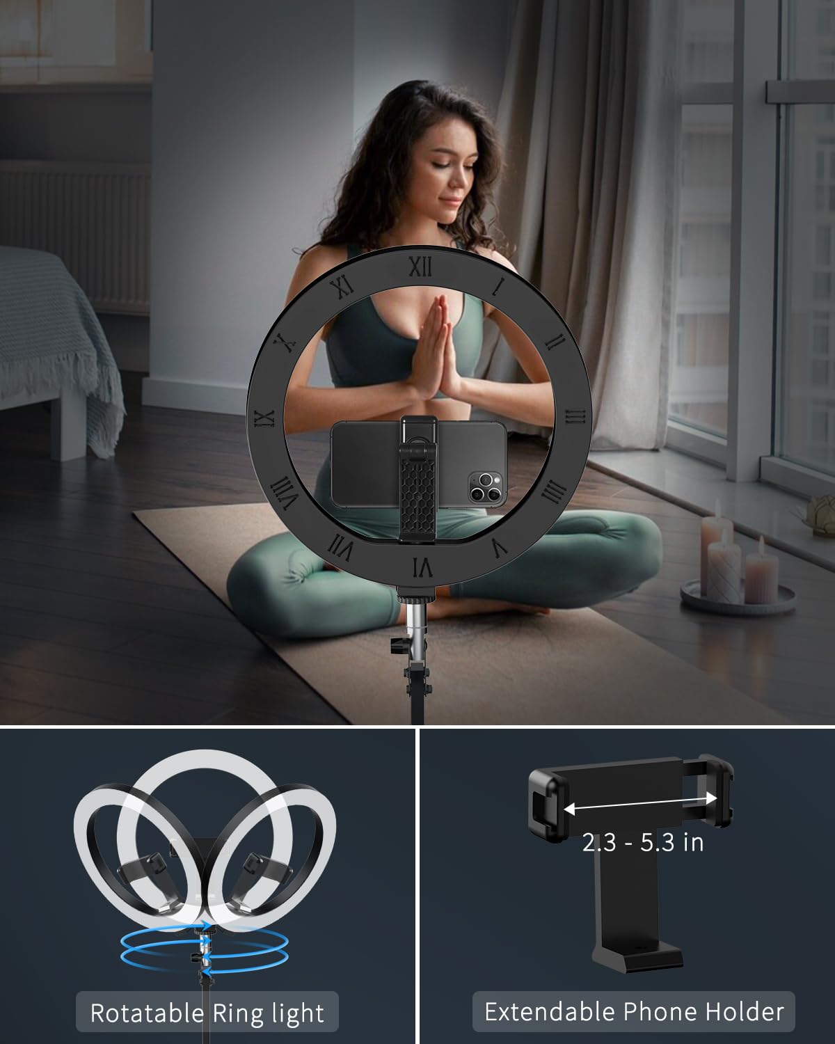 10" Ring Light Tripod for iPhone Overhead Phone Mount Holder, Flexible Ring Light with Stand - LED CRI >95 & Adjustable 70" Height, Phone Stand for Recording Video Camera Selfie Vlog TikTok YouTube