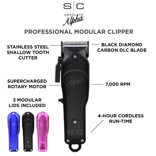 StyleCraft Absolute Alpha Professional Modular Cordless Hair Clipper, 3 Modular Lids, Black Diamond Carbon Faper Blade, USB, Charging Stand