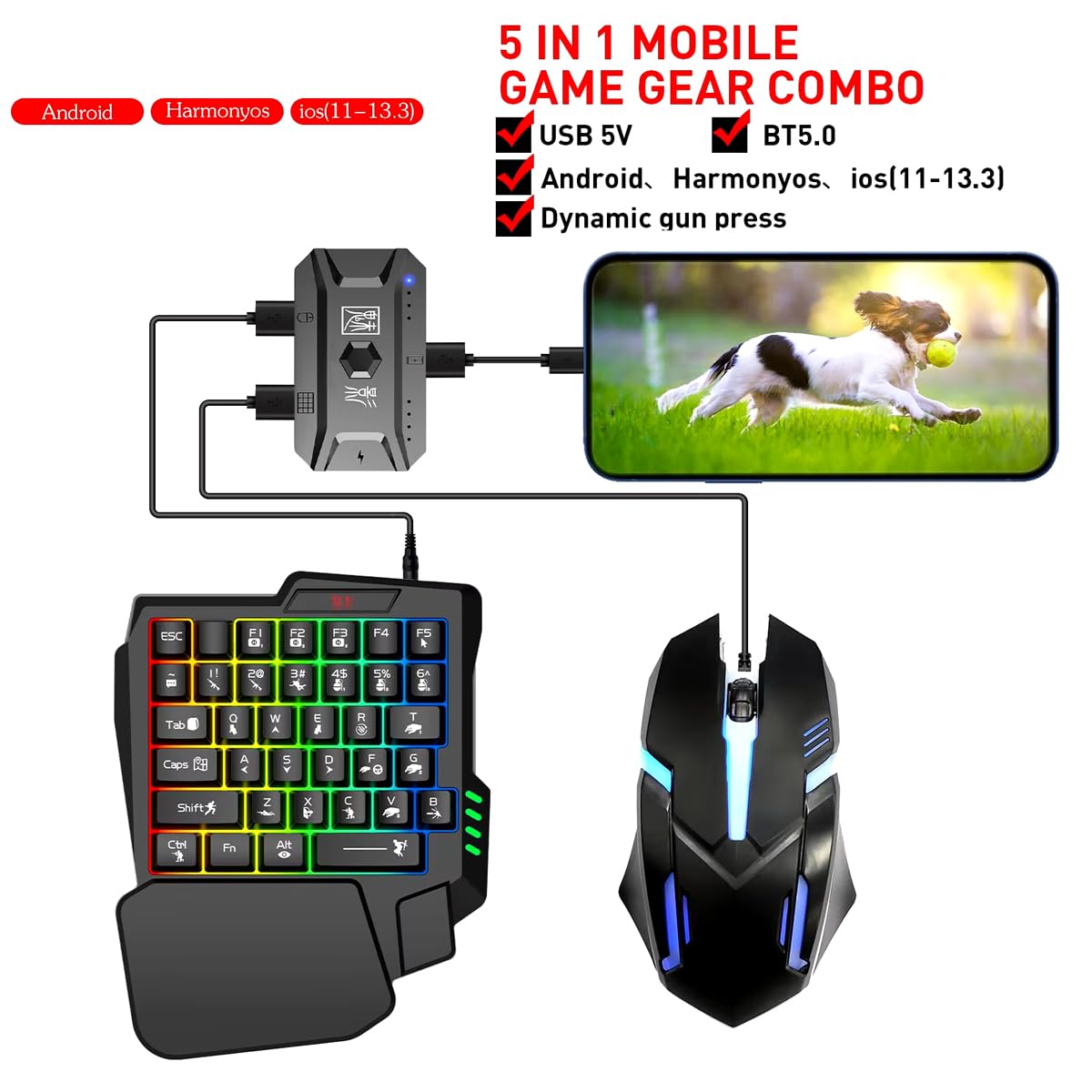 YOVDA One Handed Gaming Keyboard and Mouse Combo, with Gaming Mouse Converter, Rainbow Backlit 25 Keys Portable Small Mechanical Feel Keyboard Support Customize Button, for Android, PC Gamer