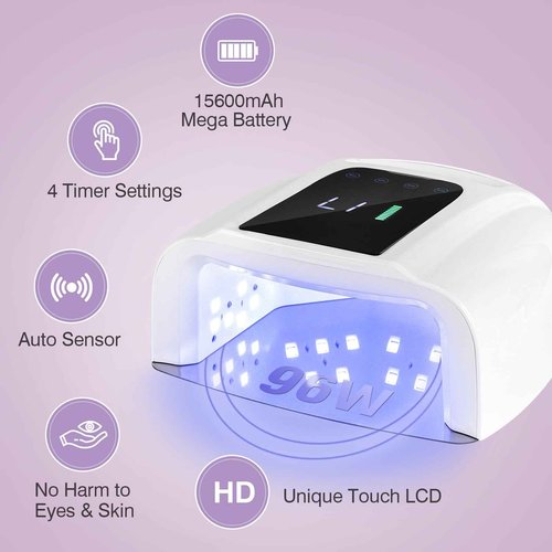 NailFace Rechargeable UV LED Nail Lamp, 96W Cordless Nail Dryer Wireless UV Gel Nail Polish Curing Light with 42 Beads LCD Smart Sensor 4 Timer Settings