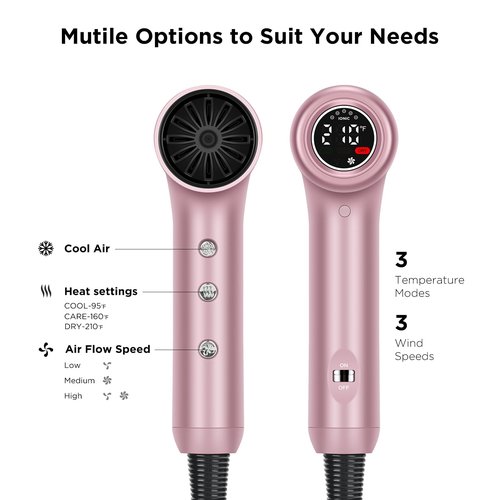 Hair Dryer, IG INGLAM 110, 000 RPM High-Speed Blow Dryer with LED Display, 1300W Low Noise Negative Ionic Hairdryer, 3 Temps & 3 Speeds Cool Switch & Memory Function, Lightweight, Rose Pink