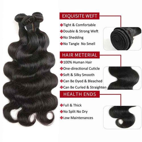 Body Wave Human Hair 3 Bundles (16 18 20) 100% Unprocessed Brazilian Virgin Human Hair Extensions Brazilian Body Wave Weave Bundles Soft and Silky Natural Black Wavy Hair Quick Weave Bundle for Women