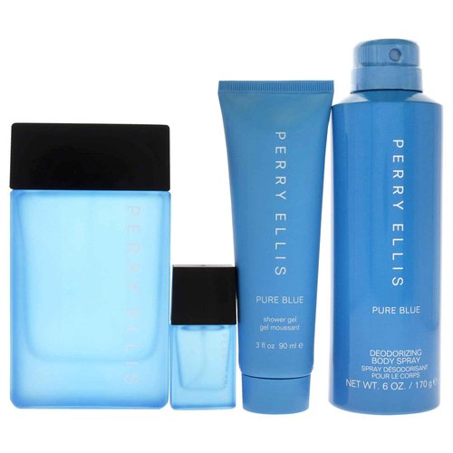 Perry Ellis Perry Ellis Pure Blue 3.4oz EDT Spray, 3oz Shower Gel, 6oz Deodorant Body Spray, 7.5ml Travel EDT Spray Men 4 Pc Gift Set