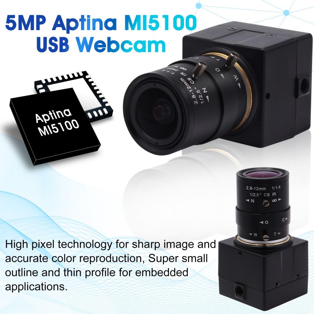 ALPCAM 5MP 1944P USB Camera | Wide Angle 2.8-12mm Varifocal Zoom Lens with Aptina MI5100 Webcam | USB 2.0 Plug & Play for Industrial Vision & Raspberry Pi/Mac/Windows/Linux