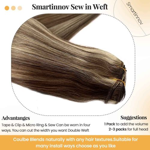 Blonde Highlights Sew in Human Hair Extensions Full Head Weft Extensions 22 Inch 120gram Thick End Sew in Weft Hair Silky Straight Brown with Blonde Highlight Remy Hair Balayage Bundles for Women