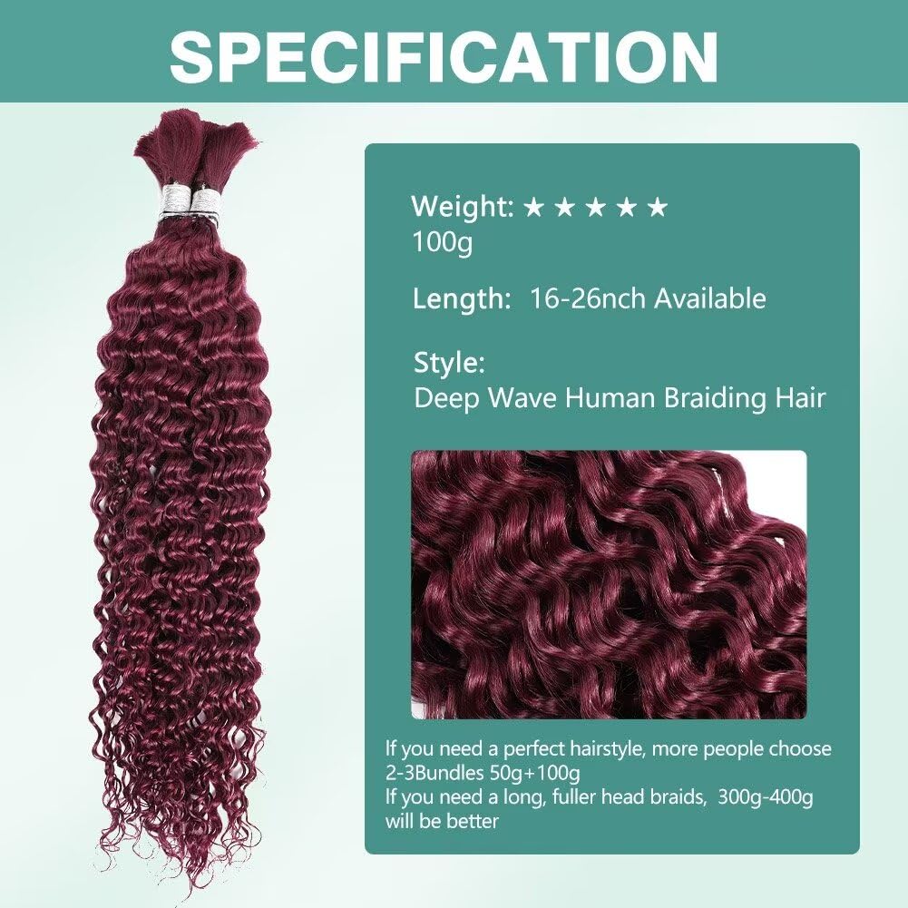 Human Braiding Hair 100g 26 Inch Deep Wave Bulk Human Hair for Braiding 2 Bundles/Pack No Weft Brazilian Virgin Deep Curly Human Hair Extensions Color 99J Burgundy Braiding Hair for Micro Braids