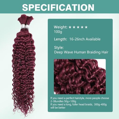 Human Braiding Hair 100g 26 Inch Deep Wave Bulk Human Hair for Braiding 2 Bundles/Pack No Weft Brazilian Virgin Deep Curly Human Hair Extensions Color 99J Burgundy Braiding Hair for Micro Braids