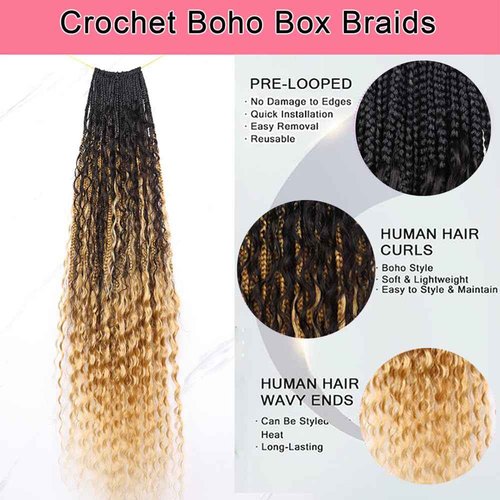 Crochet Boho Box Braids With Human Hair 1bT27# Honer Blonde Color Pre Looped Hair Goddess Box Braids With Human Hair Curly Full Ends Hair Extensions For Women 24inch 1 Pack(40 Strands)