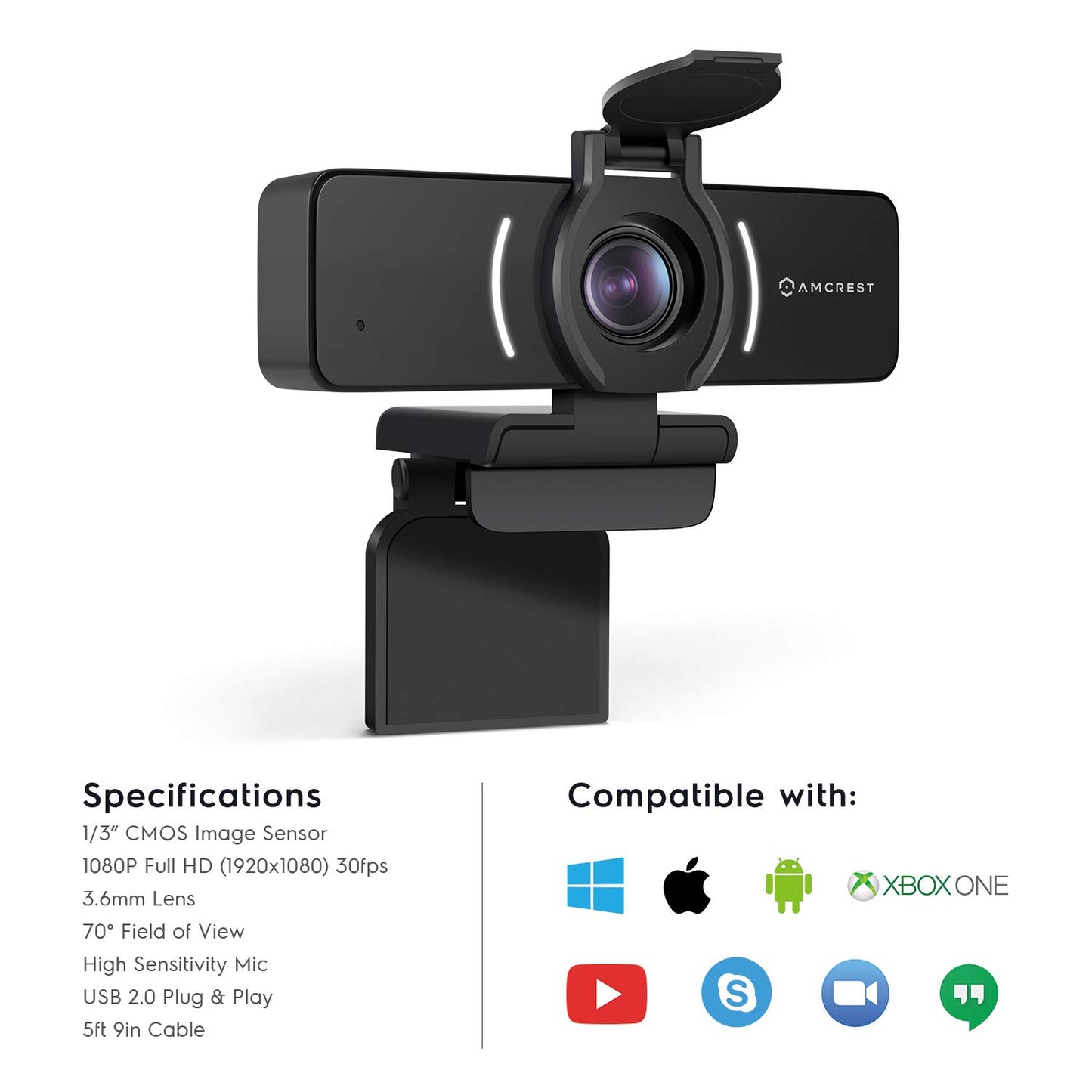 Amcrest 1080P Webcam with Microphone & Privacy Cover, Web Cam USB Camera, Computer HD Streaming Webcam for PC Desktop & Laptop w/Mic, Wide Angle Lens & Large Sensor for Superior Low Light (AWC205)