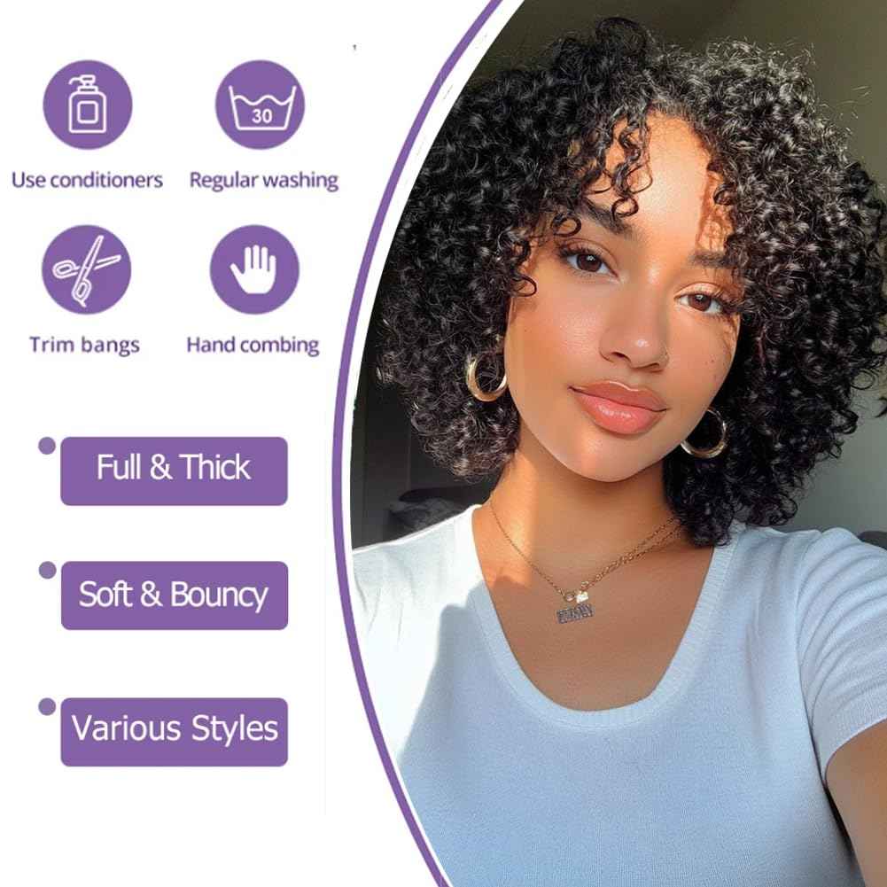 POSHANCE Kinky Curly 10 Inch Human Hair Wigs for Black Women - Wear and Go Glueless Short Wig with Natural Color - 100% Human Hair