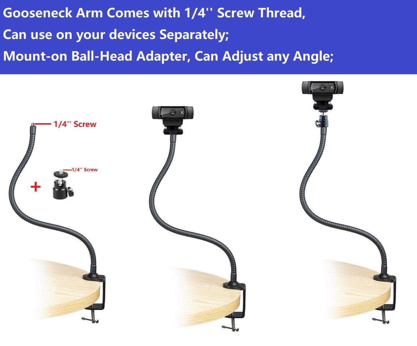 AceTaken 25 inch Flexible Desktop Jaw Long Arm Clamp Mount Holder Stand Compatible with Logitech MX Brio 4K, Brio 4K, Brio 500 Webcams