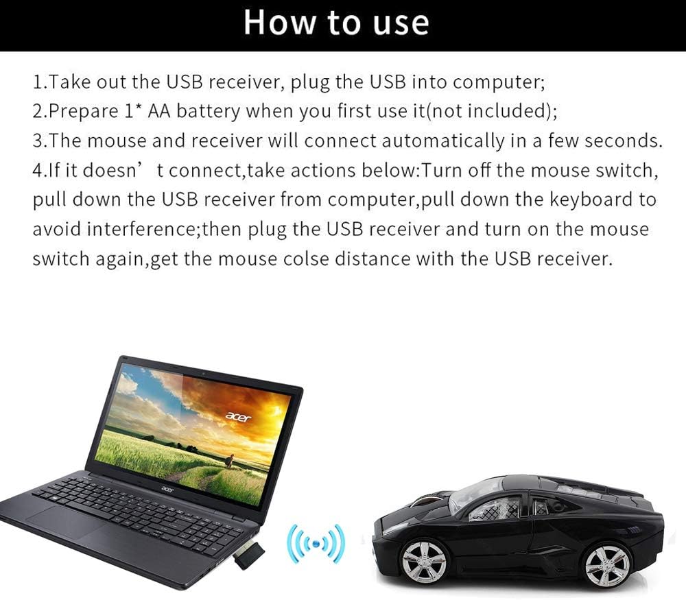 2.4Ghz Wireless Car Shape Mouse 3D Optical Gaming Mice USB Mini Receiver for PC Laptop Computer