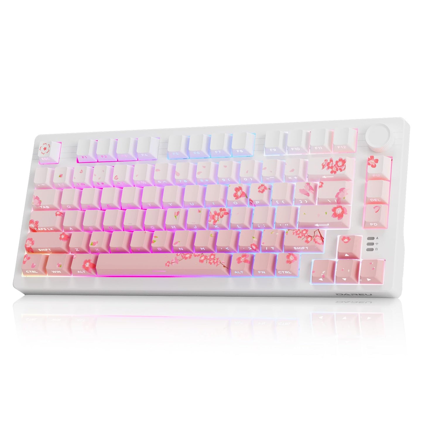 DAREU EK75PRO Sakura Pink Wireless Mechanical Keyboard,75% Hot Swap Creamy Gaming Keyboard with Knob,RGB Backlit,Gasket Custom Structure,Side Printed PBT Keycaps,2.4Ghz/BT5.1/USB-C, for Win/MAC
