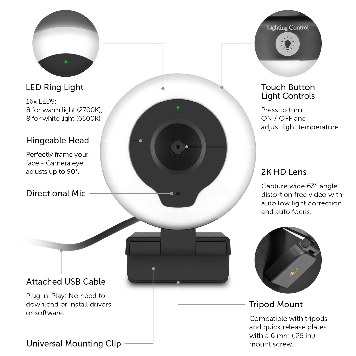 Aluratek 2K HD Ring Light Webcam with Auto Focus w/Tripod