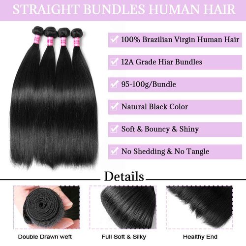 Beautymoon 12A Human Hair Bundles Straight 3 Bundles Human Hair 22 24 26 Inch 100% Unprocessed Brazilian Virgin Hair Straight Weave Bundles Double Strong Weft