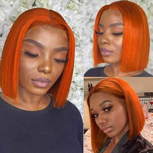 #350 Ginger Orange Bob Wig Human Hair 13x4 Straight Hd Ginger Bob Lace Front Wigs Human Hair Wear and Go Glueless Wigs 14 Inch Pre Plucked with Natural Hairline Frontal Short Bob Wigs For Black Women