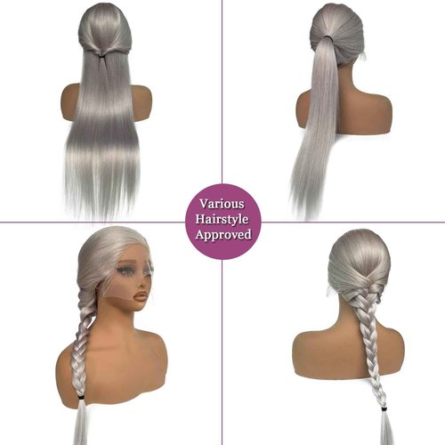 Ubetta 13x6 Grey Lace Front Wigs Human Hair, 24 Inch Silver Gray Glueless Wig Human Hair Pre Plucked HD Lace Front Wigs Silver Grey 180% Density Straight Lace Frontal Wig for Black Women