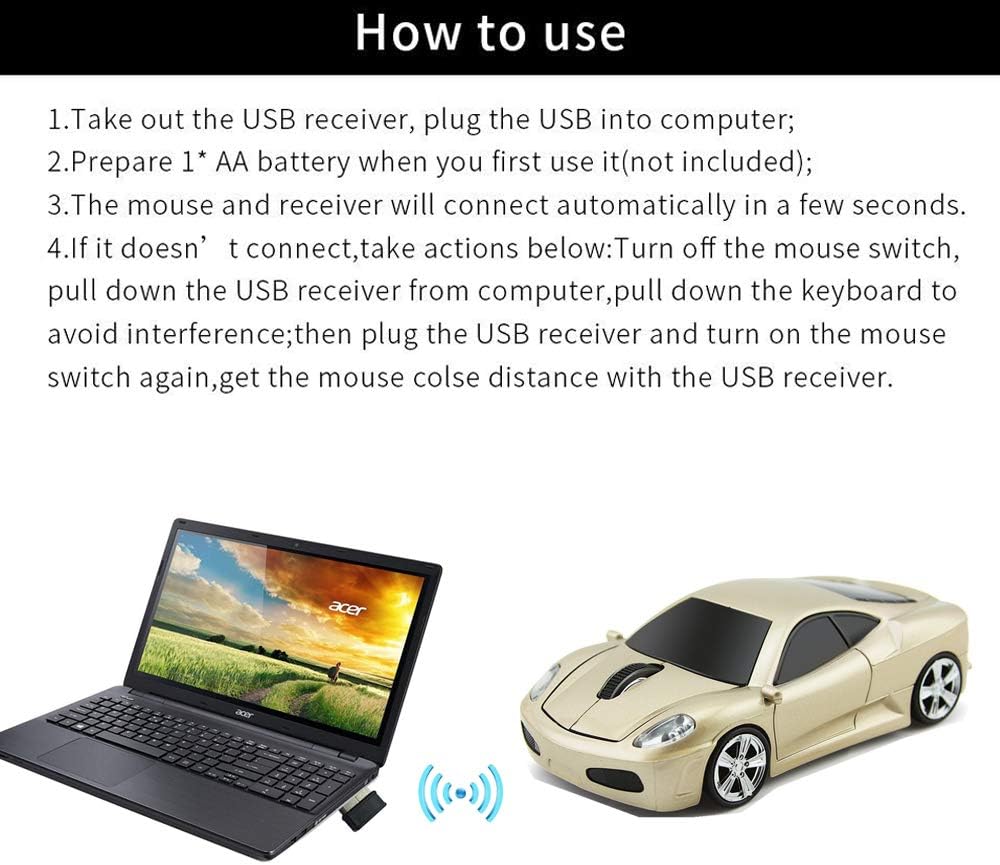 2.4Ghz Wireless Car Shape Mouse 3D Optical Gaming Mice USB Mini Receiver for PC Laptop Computer