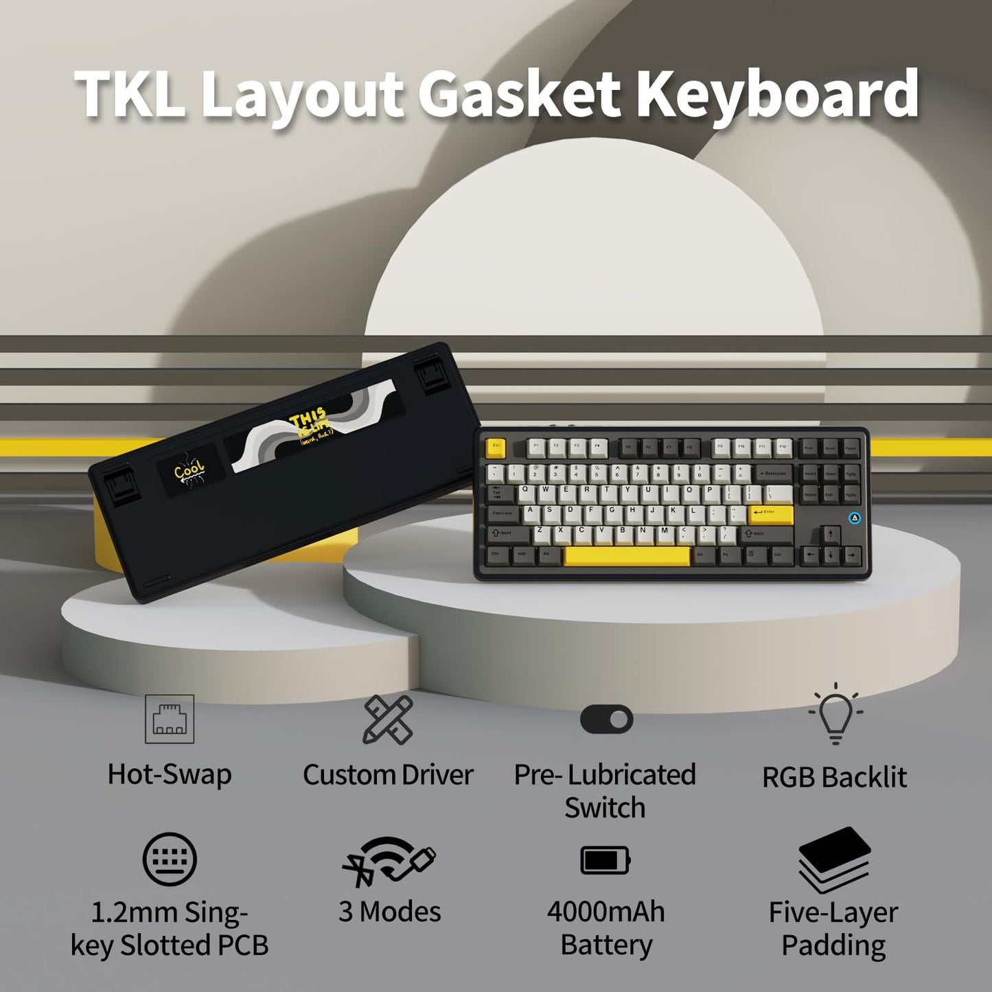 AJAZZ AK870 TKL Hot Swap Gasket Mount Mechanical Keyboard, 4000mAh Bluetooth/ 2.4G/ Type-C RGB Custom Keyboard, South Facing LED for Windows Mac, Flying Fish Switch