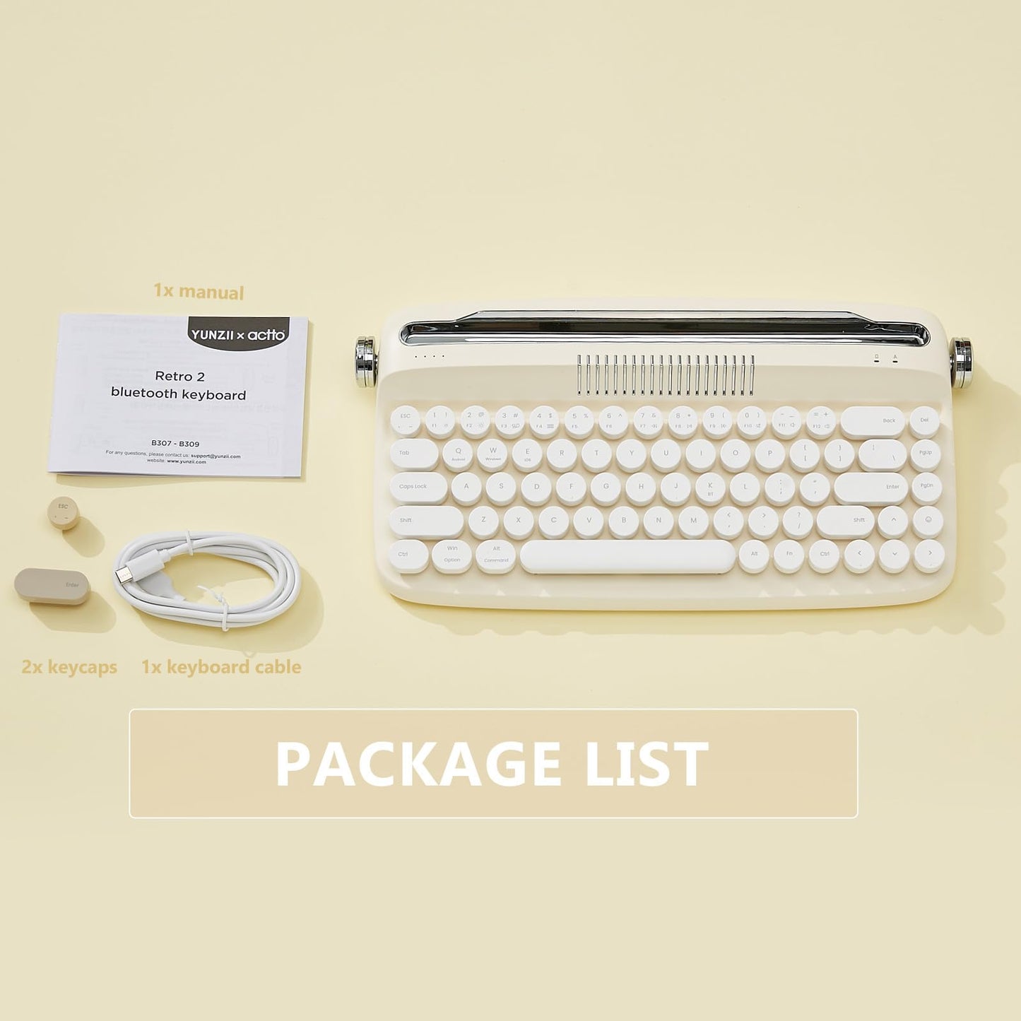 YUNZII Upgraded Wireless Typewriter Keyboard, Retro Aesthetic with Integrated Stand,Cute Round Keycaps, USB-C/Bluetooth Connection for Table, Phone, PC and Win/Mac/Android (B307, Ivory Butter)