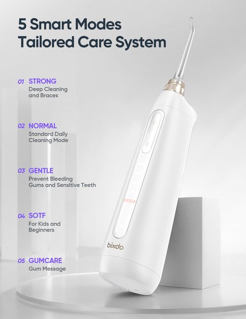 bixdo Cordless Water Dental Flosser for Teeth - 5 Modes with GUMCARE, Portable Travel Oral Irrigator for Teeth Cleaning Flossing and Gum Massage, 60 Days Long Battery Life and 360° Magnetic Nozzle