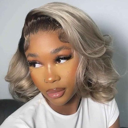 Ulaphence 200% Density Ombre Ash Blonde Lace Front Bob Wig Human Hair Body Wave 13x4 Thicker Ombre Brown Roots with Grey Ash Blonde Short Bob Wig Pre Plucked with Baby Hair for Women 14 Inch