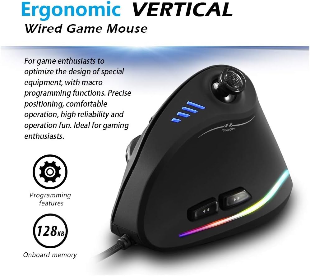 ZLOT Vertical Gaming Mouse,Wired RGB Ergonomic USB Joystick Programmable Laser Gaming Mice,6+1 Design,11 Buttons,1000 Hz Max Polling Rate,10000 Max DPI,Upgraded Version for Computer Gamers,Black