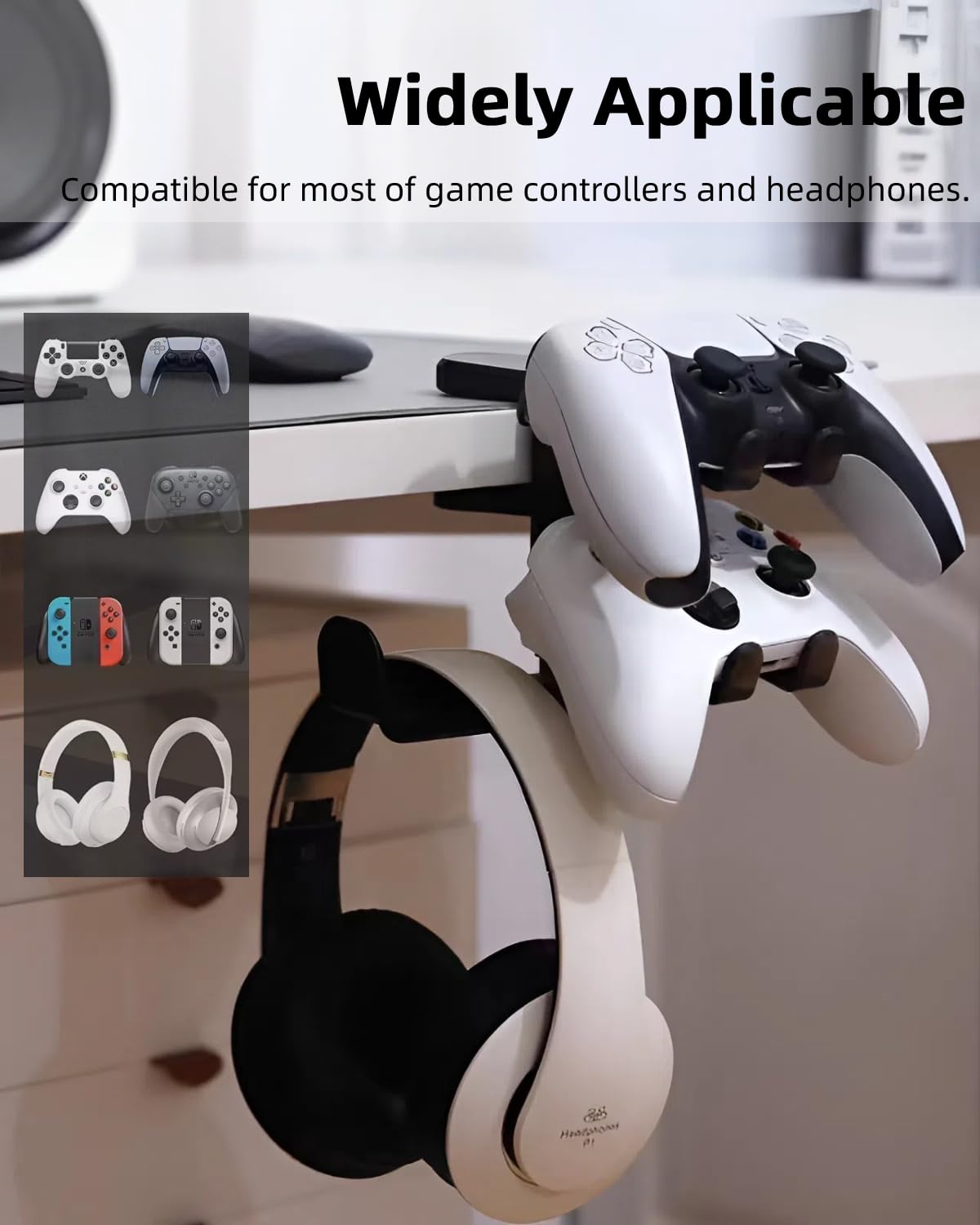 3 in 1 Headphone and Controller Holder, PC Gaming Headphone Hanger, Rotating Headset Stand Under Desk Adjustable Arm Clamp Holder Desk Accessories for Universal Headsets, Controllers (Black)