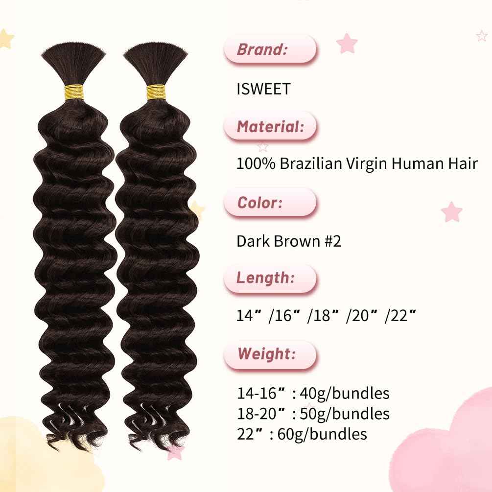 2 Bundle Human Braiding Hair for Boho Braids, 20Inch 100G #2 10A Brazilian Virgin Deep Wave Bulk Human Hair for Braiding, Wet And Wavy No Weft Curly Braiding Hair for Boho Knotless Braids
