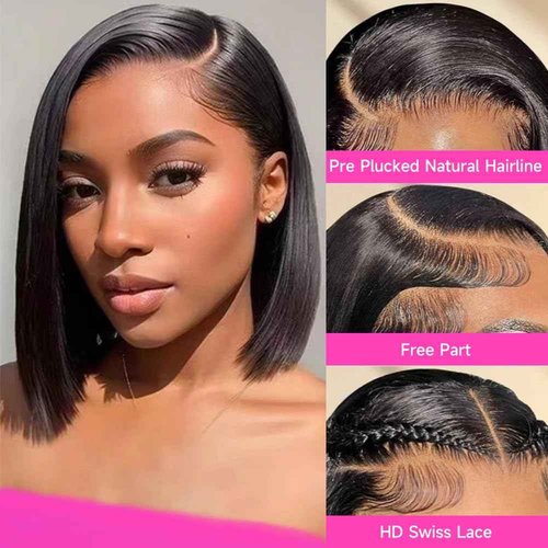 Urbansister 13x6 Bob Lace Front Wigs Human Hair 200% Density 14 Inch Short Bob Wigs Hd Transparent Straight Lace Frontal Wig Pre Plucked with Baby Hair Glueless Bob Wigs for Women Natural Black