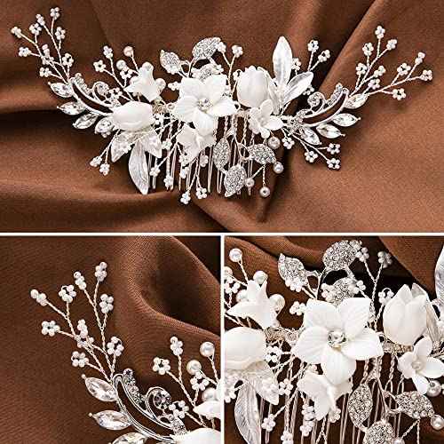 Handmade Silver Bridal Hair Comb Clip Flower Bride Wedding Bridesmaids Hair Vine Crystal Hair Accessories for Brides Headpieces
